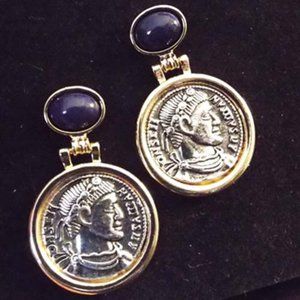 GRECO ROMAN ANTIQUITY FAUX COINS SILVERY AND GOLDEN DANGLY EARRINGS 70